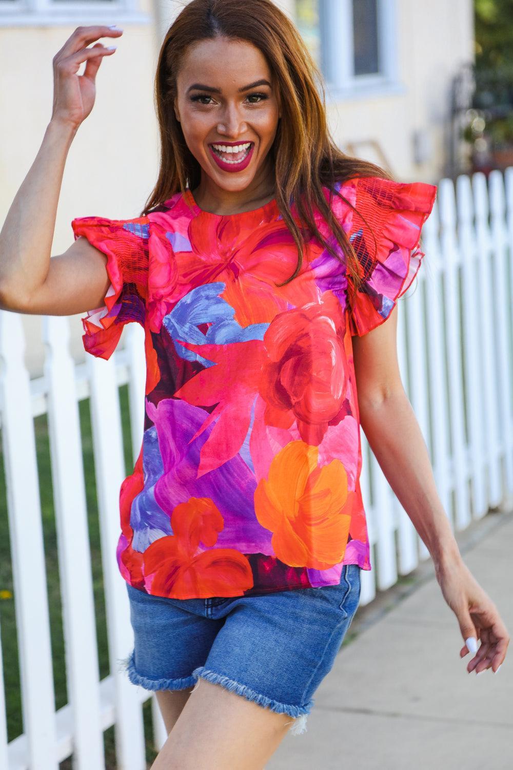Red & Fuchsia Floral Smocked Top-Blouses-Evelyns Fashion