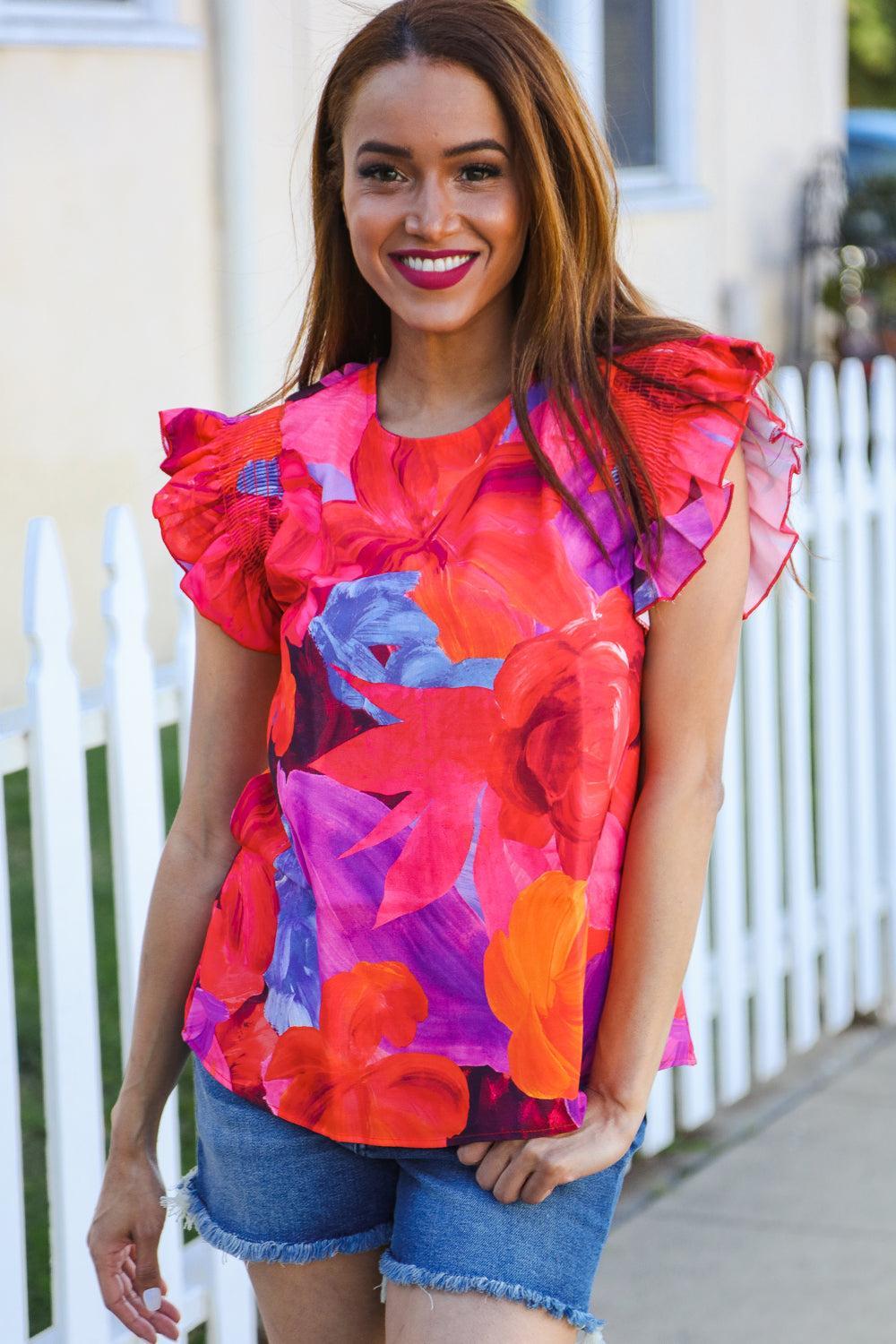 Red & Fuchsia Floral Smocked Top-Blouses-Evelyns Fashion