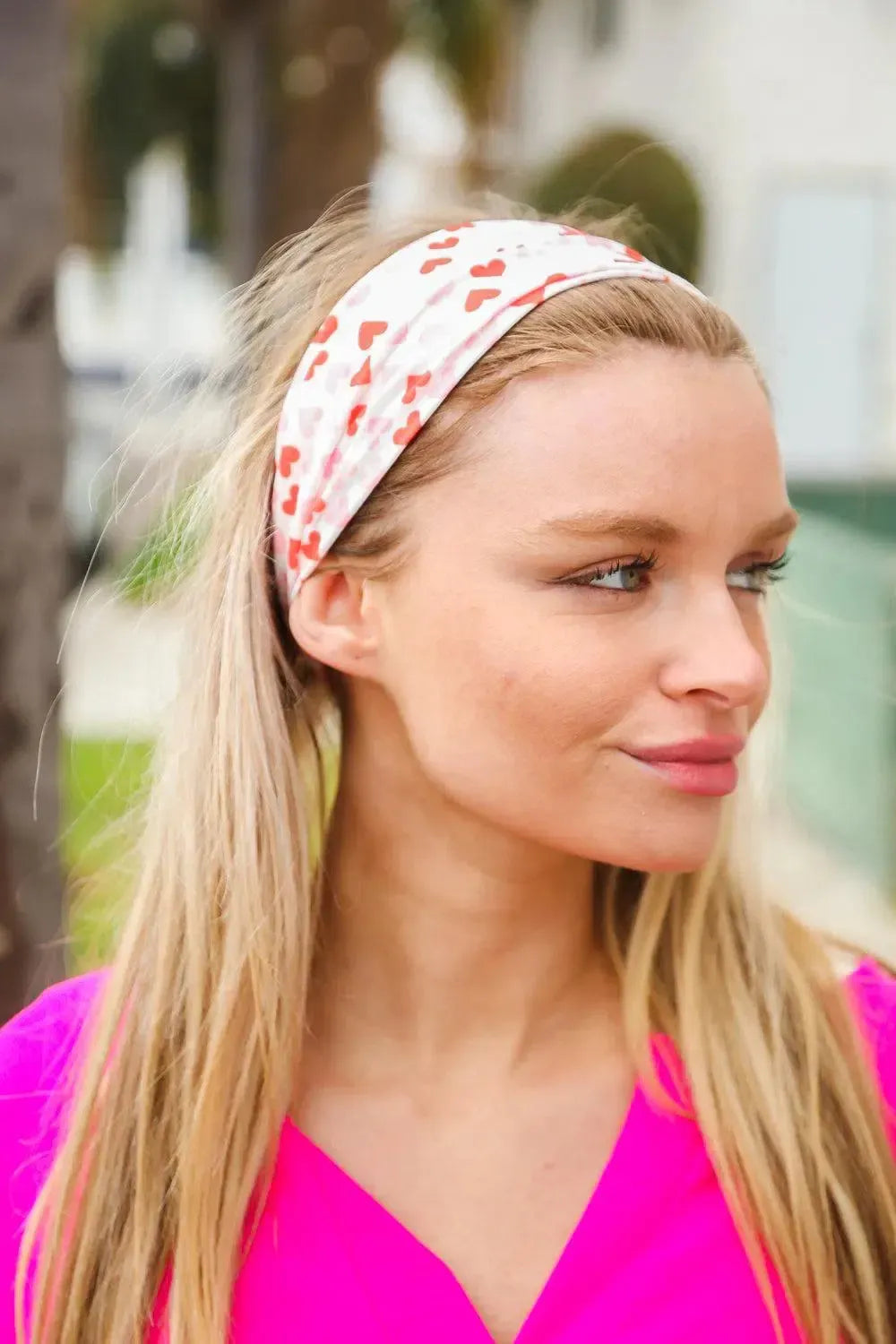 Red & Pink Heart Print Stretchy Twist Headband-accessor-Evelyns Fashion