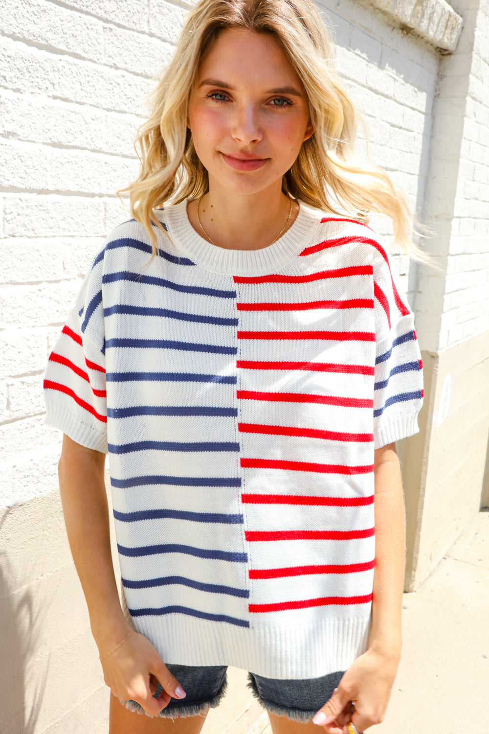 Red and Blue Stripe Sweater Top-Sweaters-Evelyns Fashion