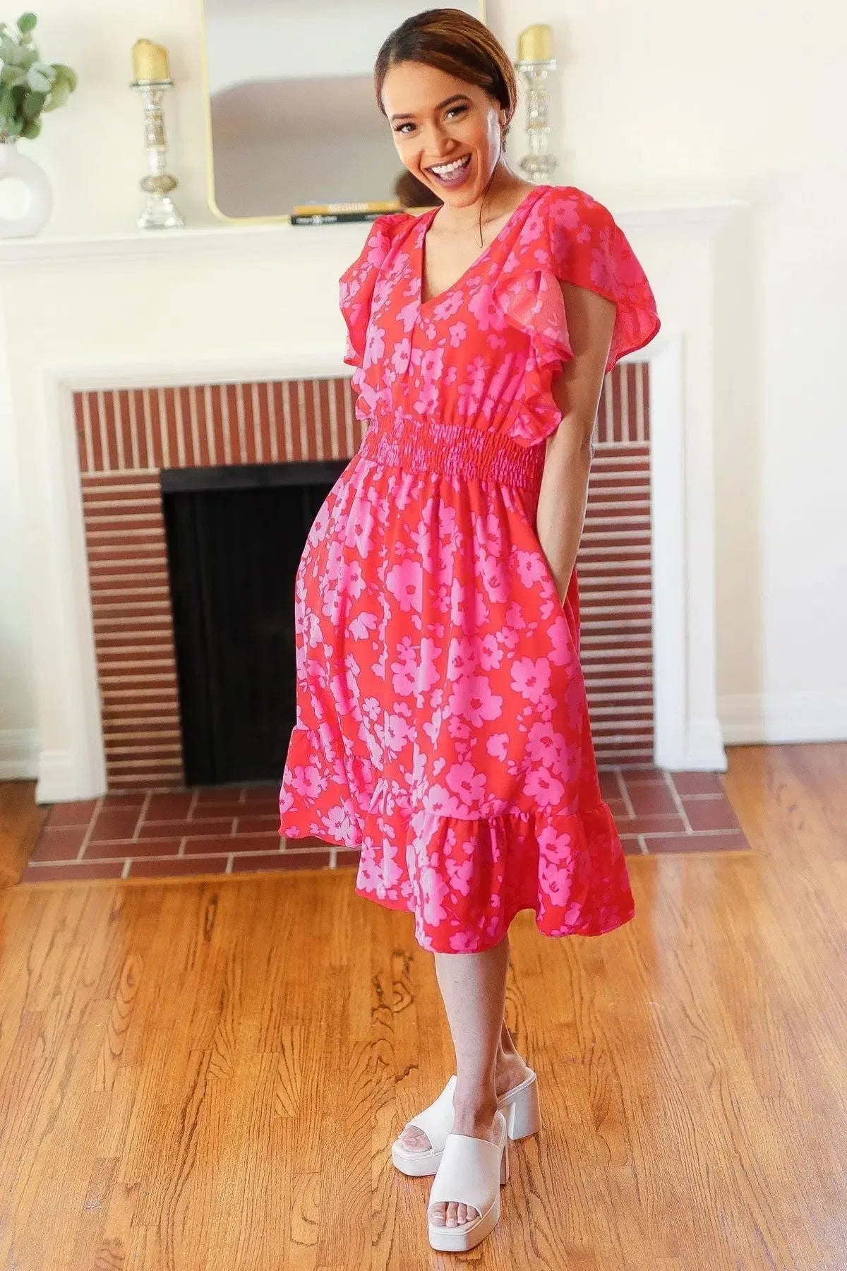 Remember Me Red & Pink Floral Print Smocked Waist Midi Dress-Evelyns Fashion
