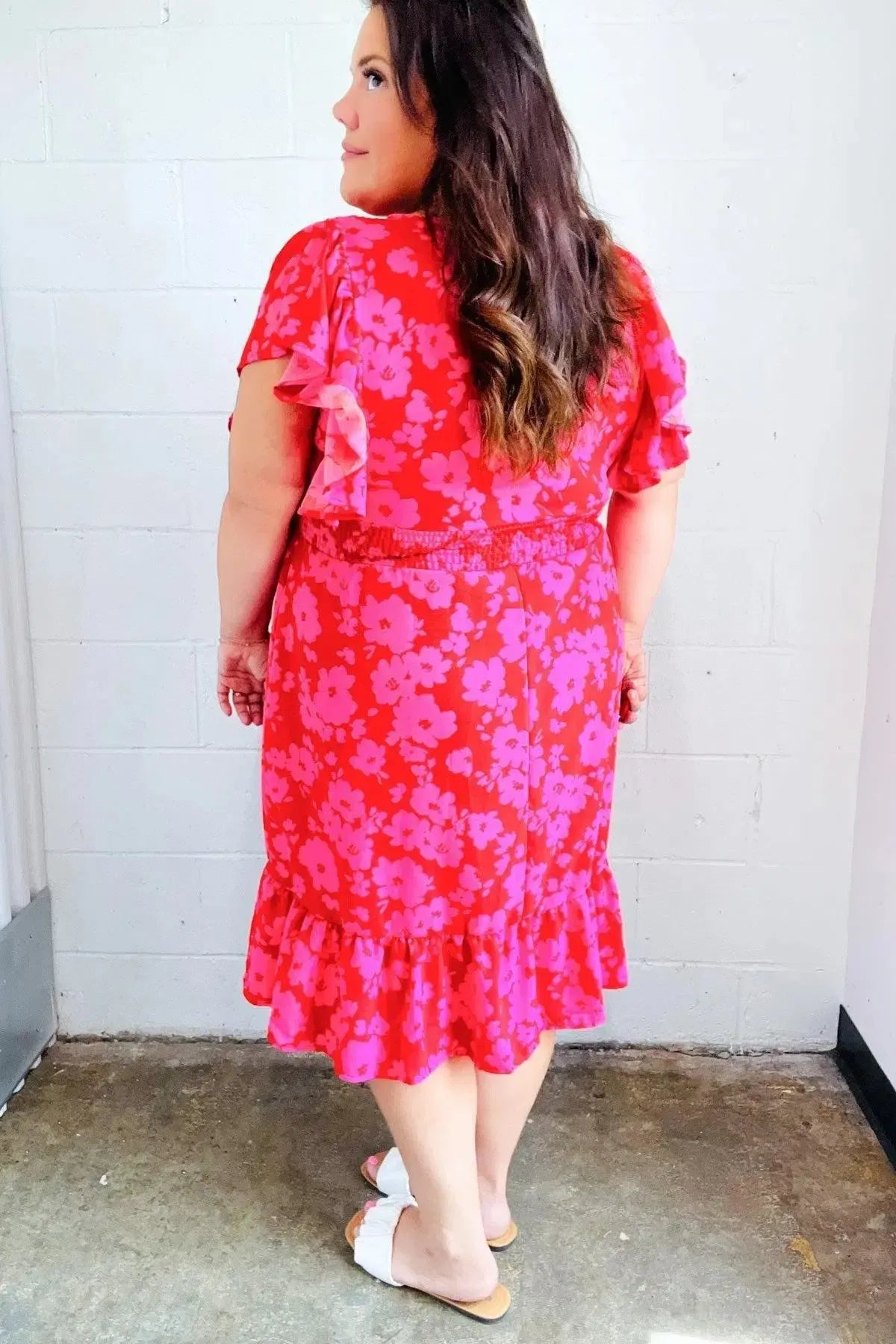 Remember Me Red & Pink Floral Print Smocked Waist Midi Dress-Evelyns Fashion