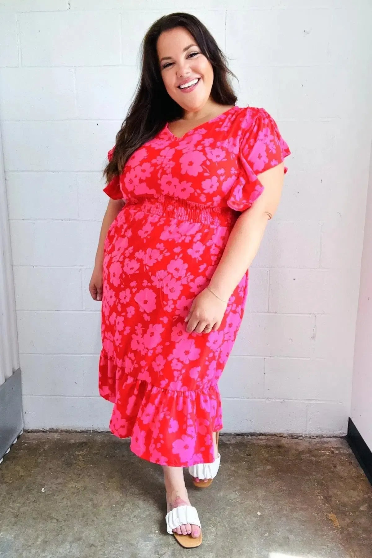 Remember Me Red & Pink Floral Print Smocked Waist Midi Dress-Evelyns Fashion