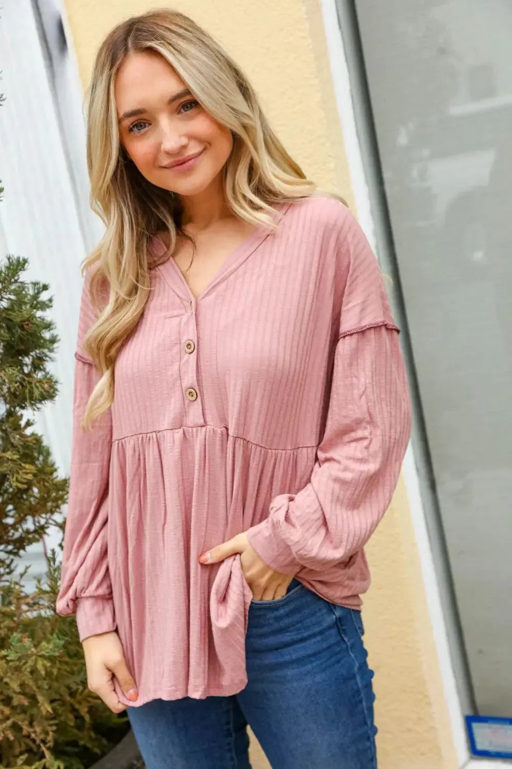 Rose Button Detail Babydoll Outseam Bubble Sleeve Top-Evelyns Fashion