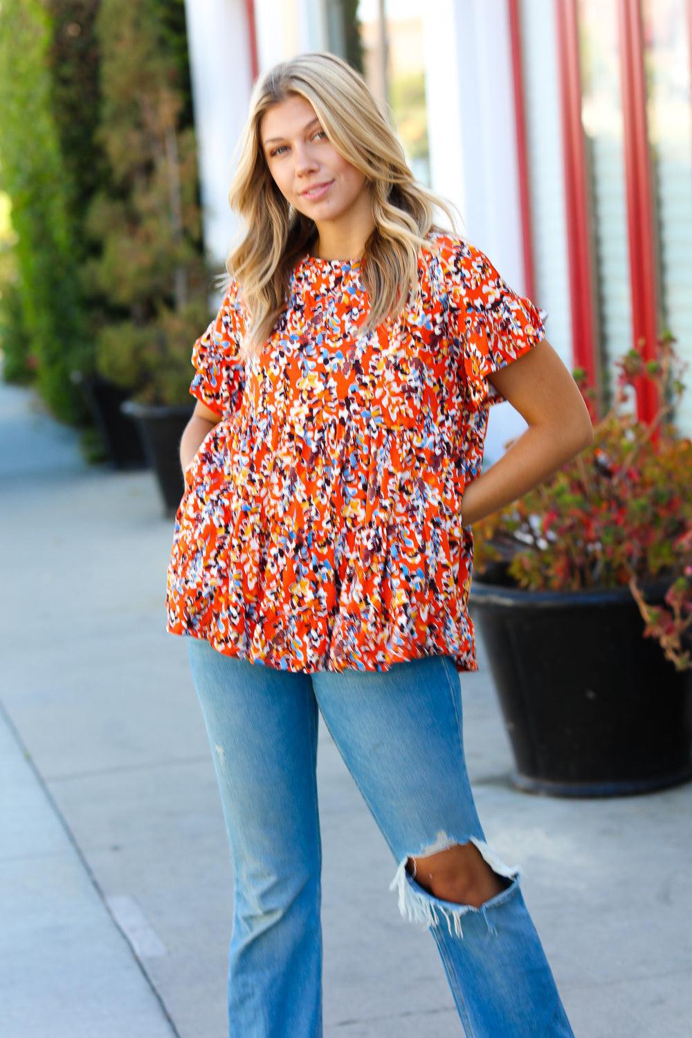 Rust & Chocolate Floral Frill Ruffle Hem Tiered Swing Top-Evelyns Fashion