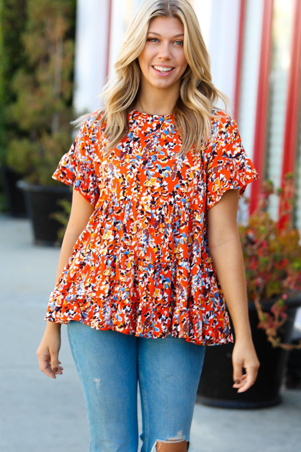 Rust & Chocolate Floral Frill Ruffle Hem Tiered Swing Top-Evelyns Fashion