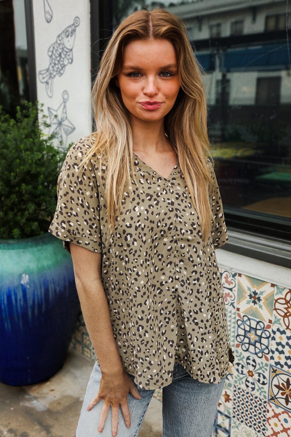 Sage Animal Print Dolman Top-Blouses-Evelyns Fashion