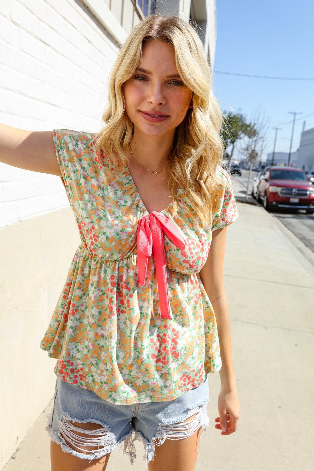 Sage Floral Bow Tie Top-Blouses-Evelyns Fashion