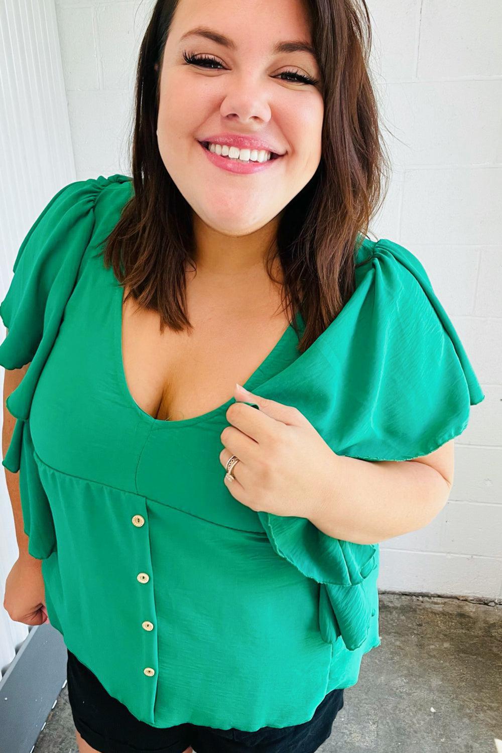 Sea Green Button Ruffle Woven Top-Evelyns Fashion