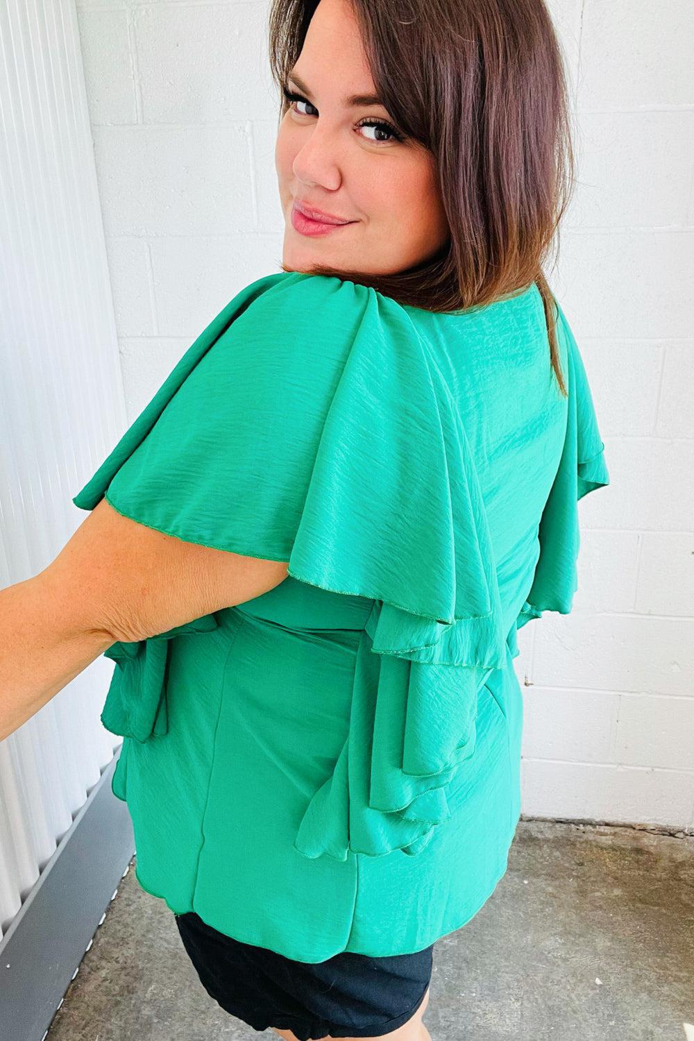 Sea Green Button Ruffle Woven Top-Evelyns Fashion