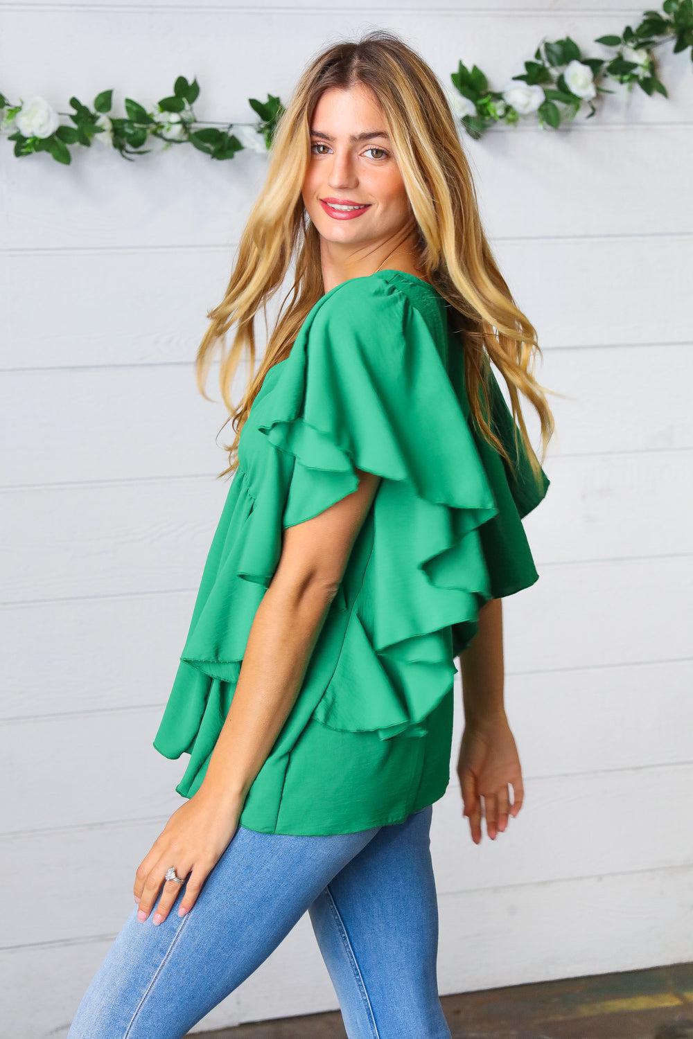 Sea Green Button Ruffle Woven Top-Evelyns Fashion