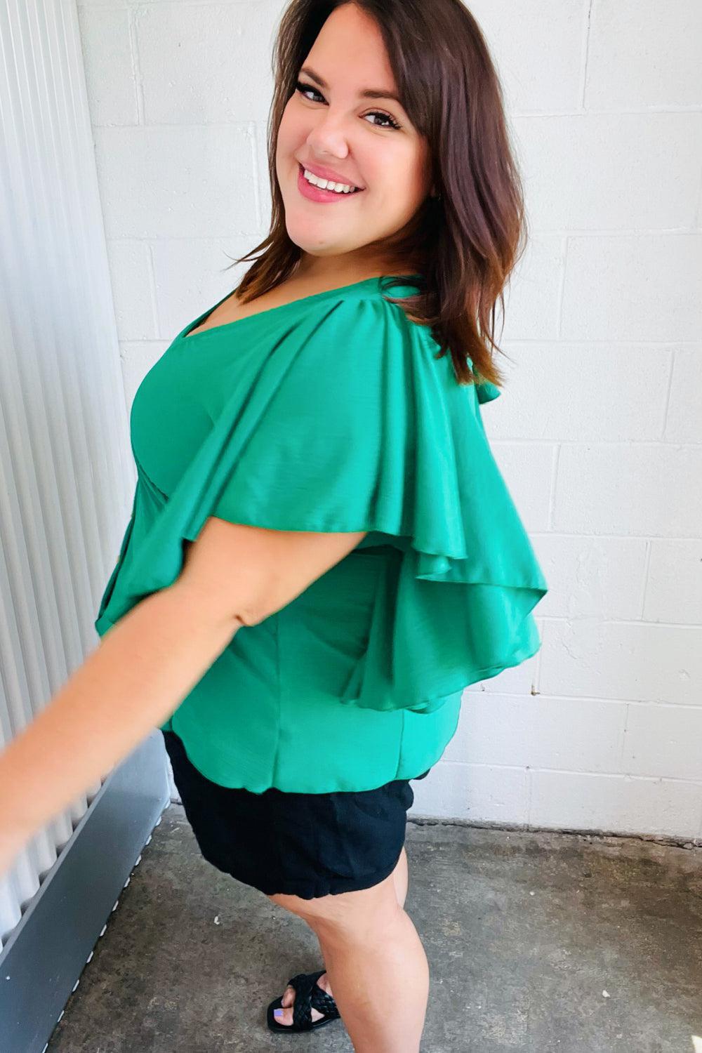 Sea Green Button Ruffle Woven Top-Evelyns Fashion