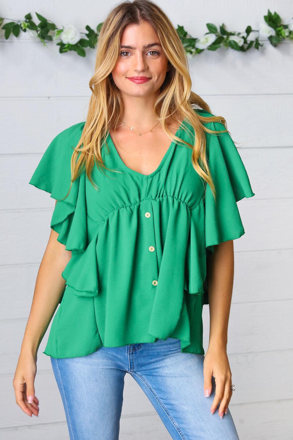 Sea Green Button Ruffle Woven Top-Evelyns Fashion
