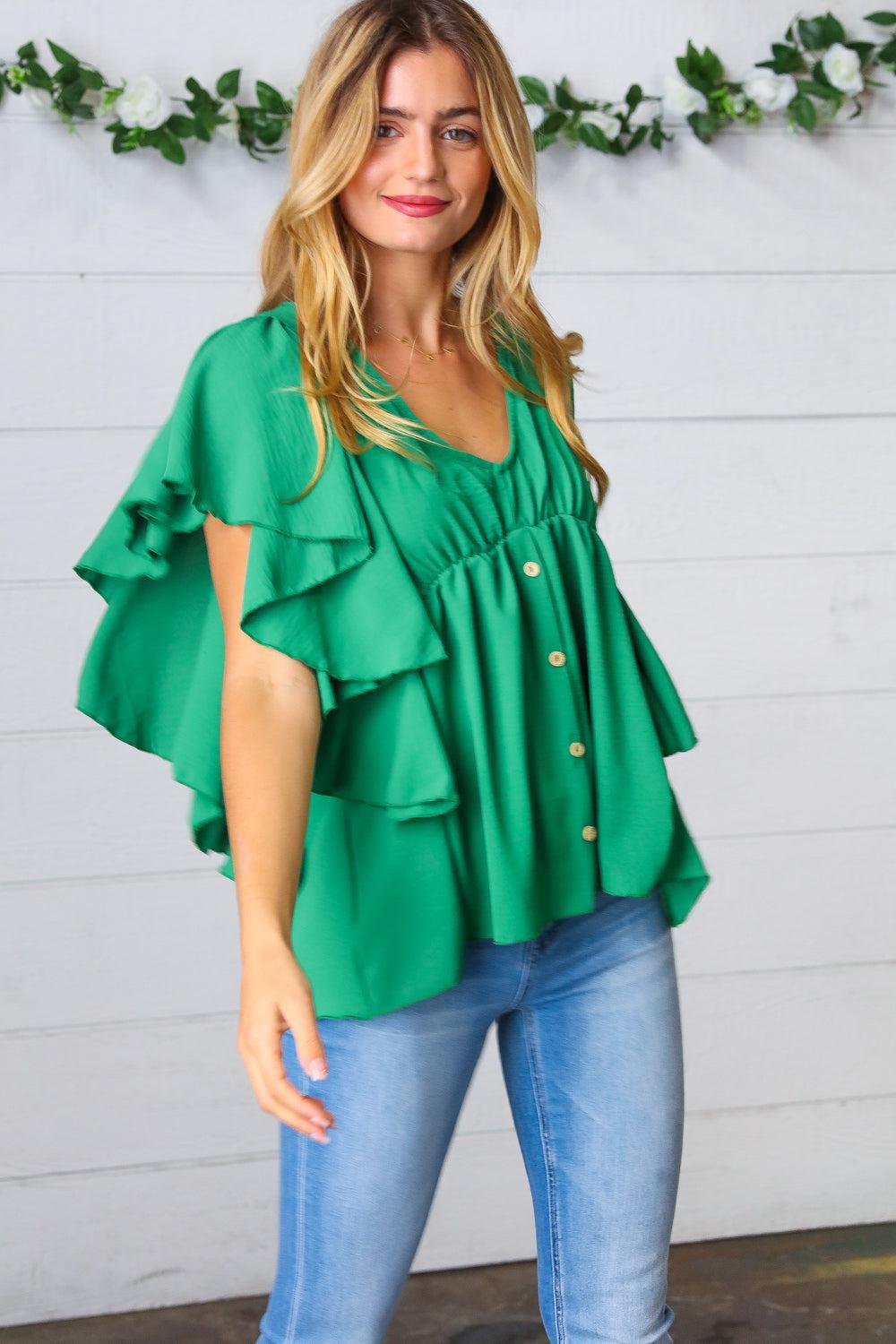 Sea Green Button Ruffle Woven Top-Evelyns Fashion