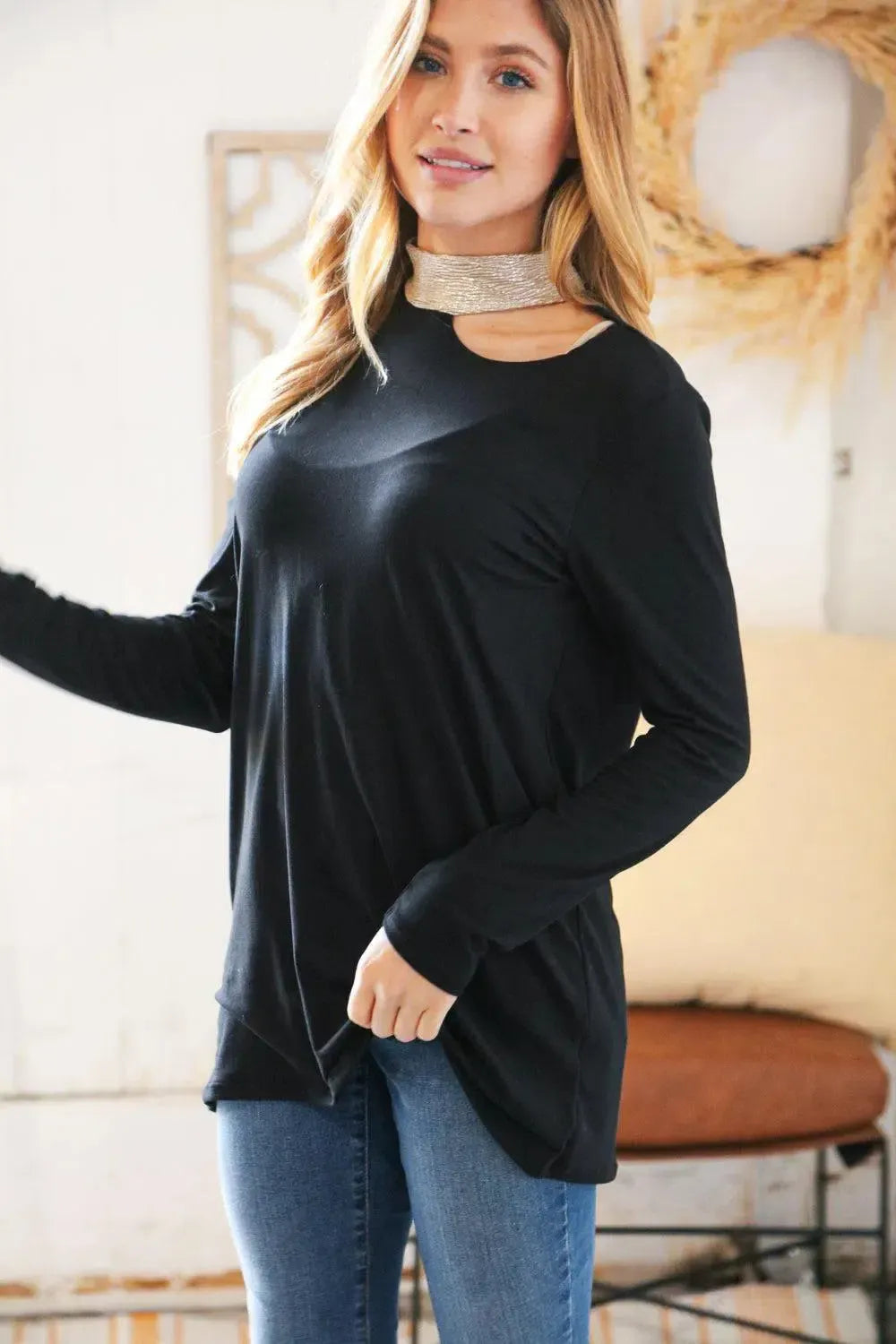 Shimmer Foil Neck Band Cold Shoulder Holiday Top-Evelyns Fashion