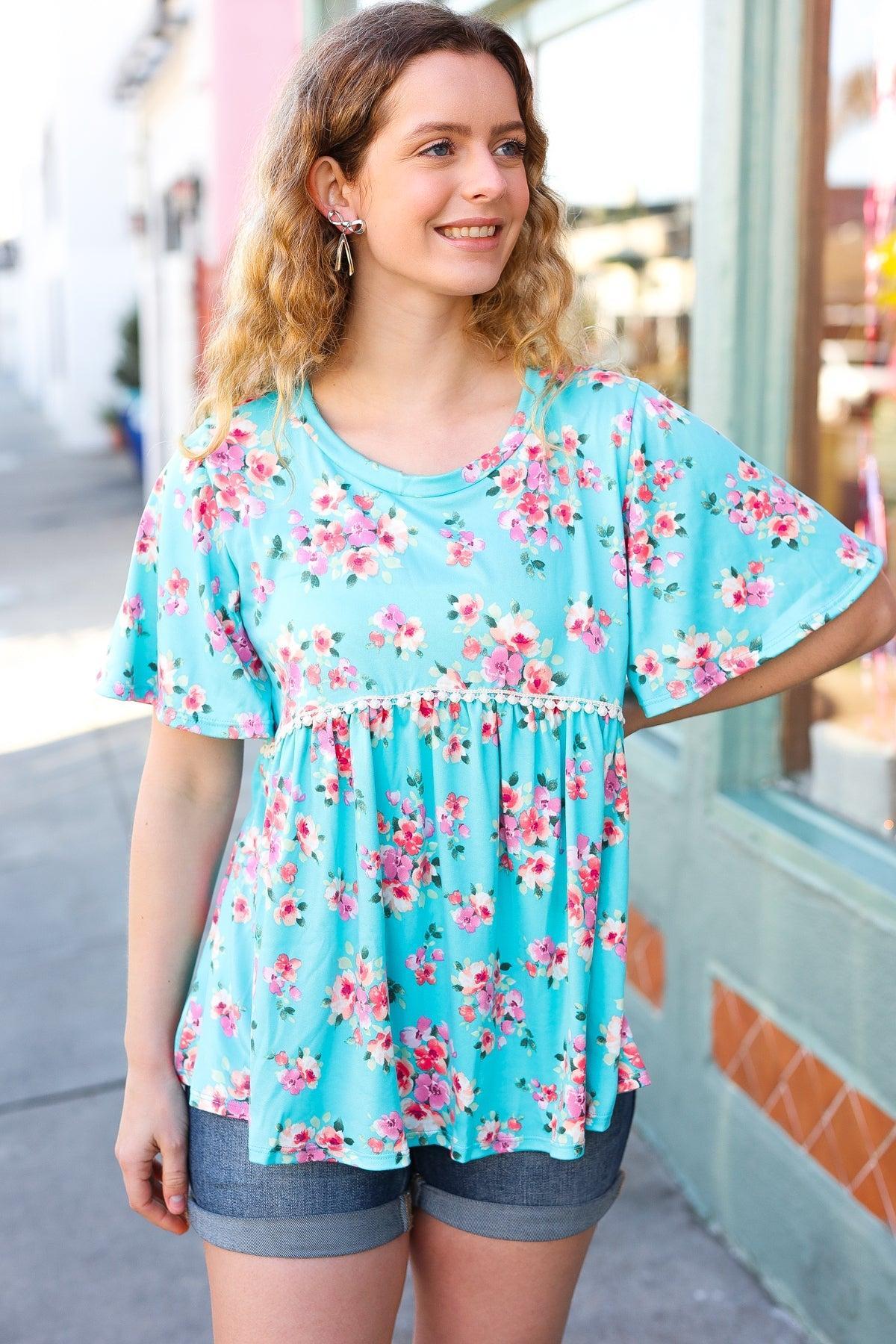 Sky Blue Three-Quarter Sleeve Floral Peplum Babydoll Top – Chic & Flowy Blouse-Evelyns Fashion