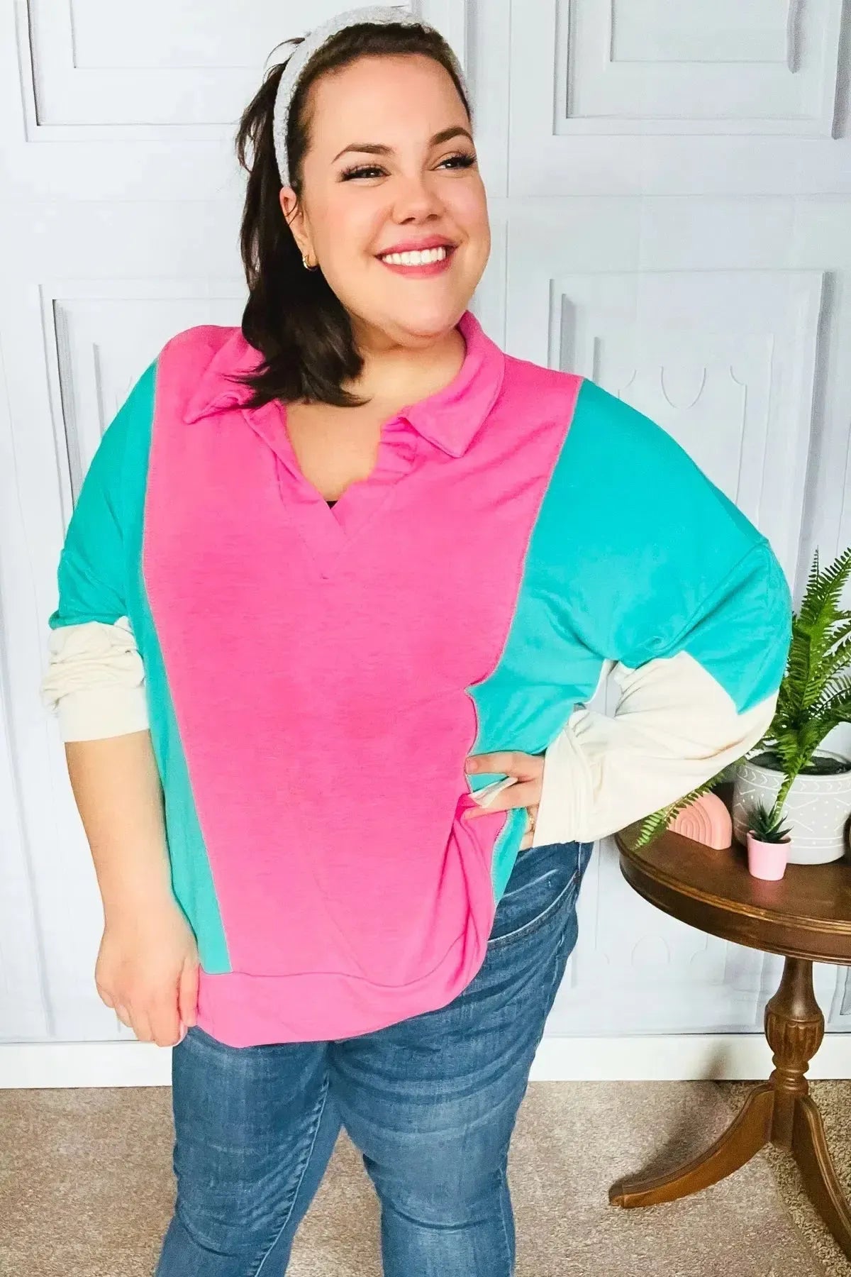 Stand Out Hot Pink & Mint V Neck Collared Terry Color Block Top-Evelyns Fashion