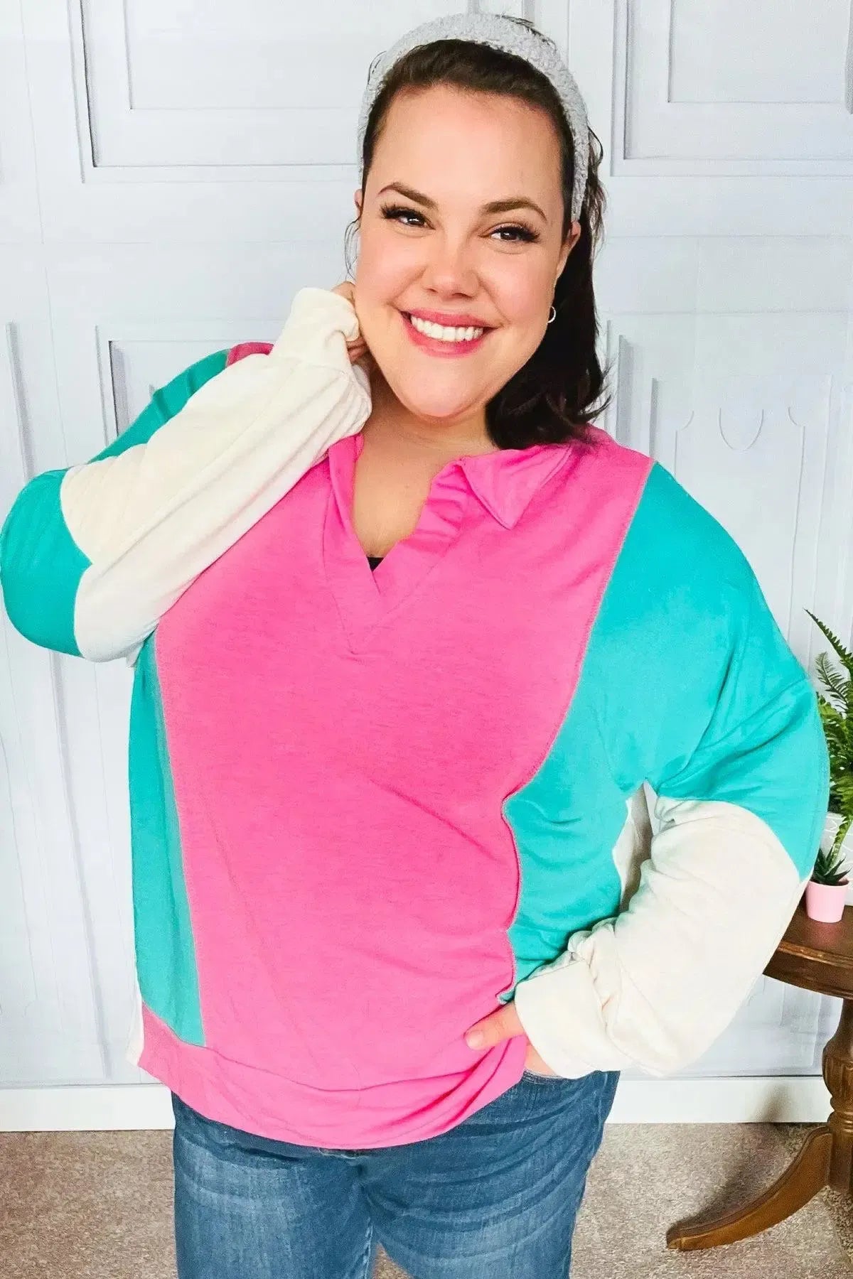 Stand Out Hot Pink & Mint V Neck Collared Terry Color Block Top-Evelyns Fashion