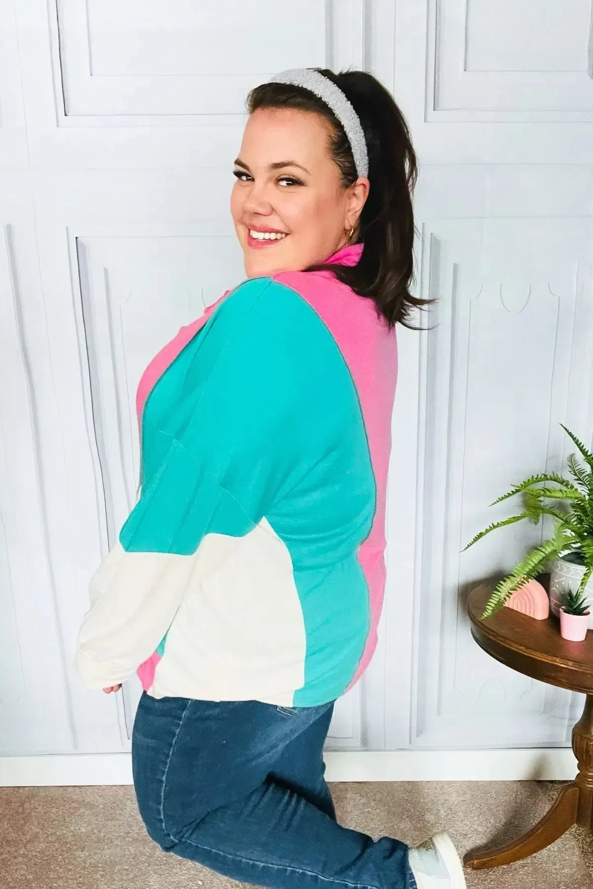 Stand Out Hot Pink & Mint V Neck Collared Terry Color Block Top-Evelyns Fashion