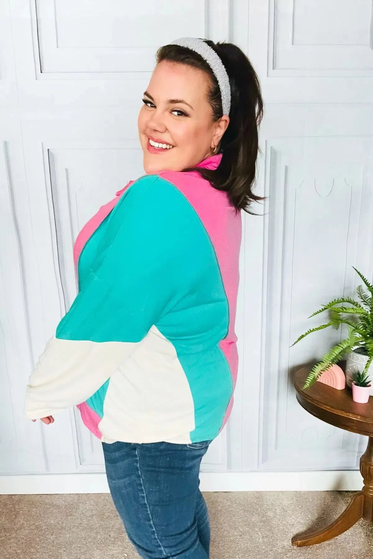 Stand Out Hot Pink & Mint V Neck Collared Terry Color Block Top-Evelyns Fashion