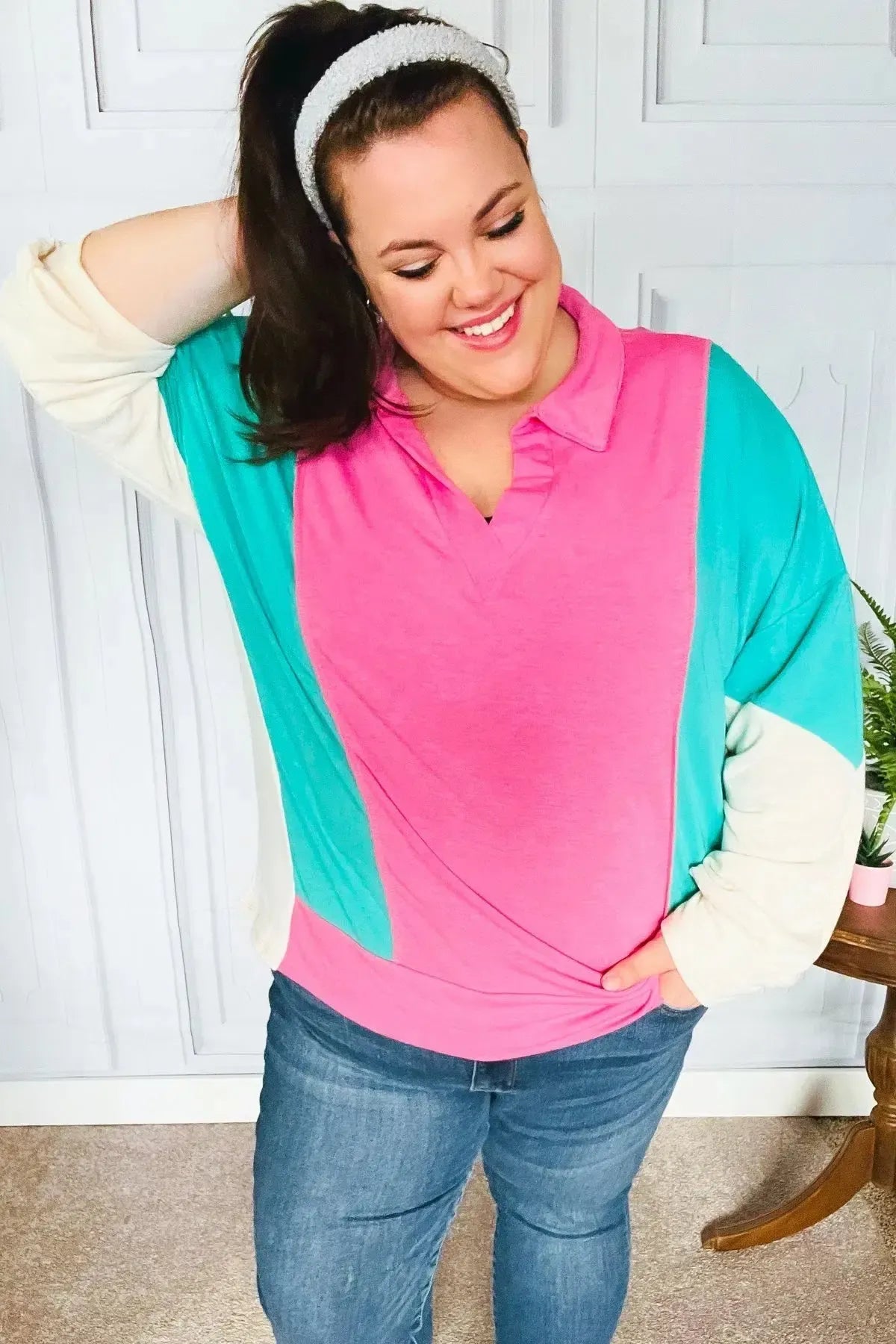 Stand Out Hot Pink & Mint V Neck Collared Terry Color Block Top-Evelyns Fashion
