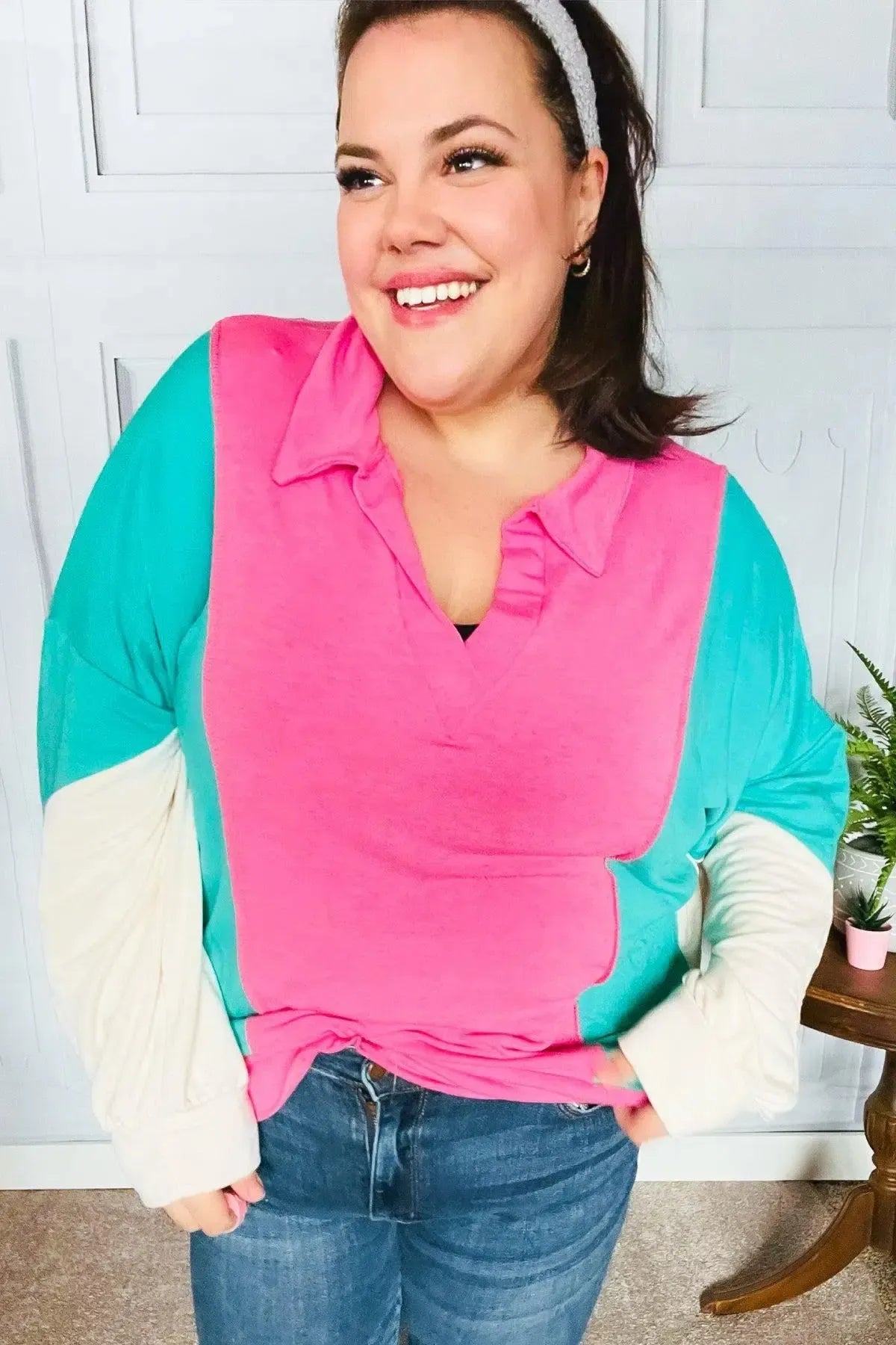 Stand Out Hot Pink & Mint V Neck Collared Terry Color Block Top-Evelyns Fashion