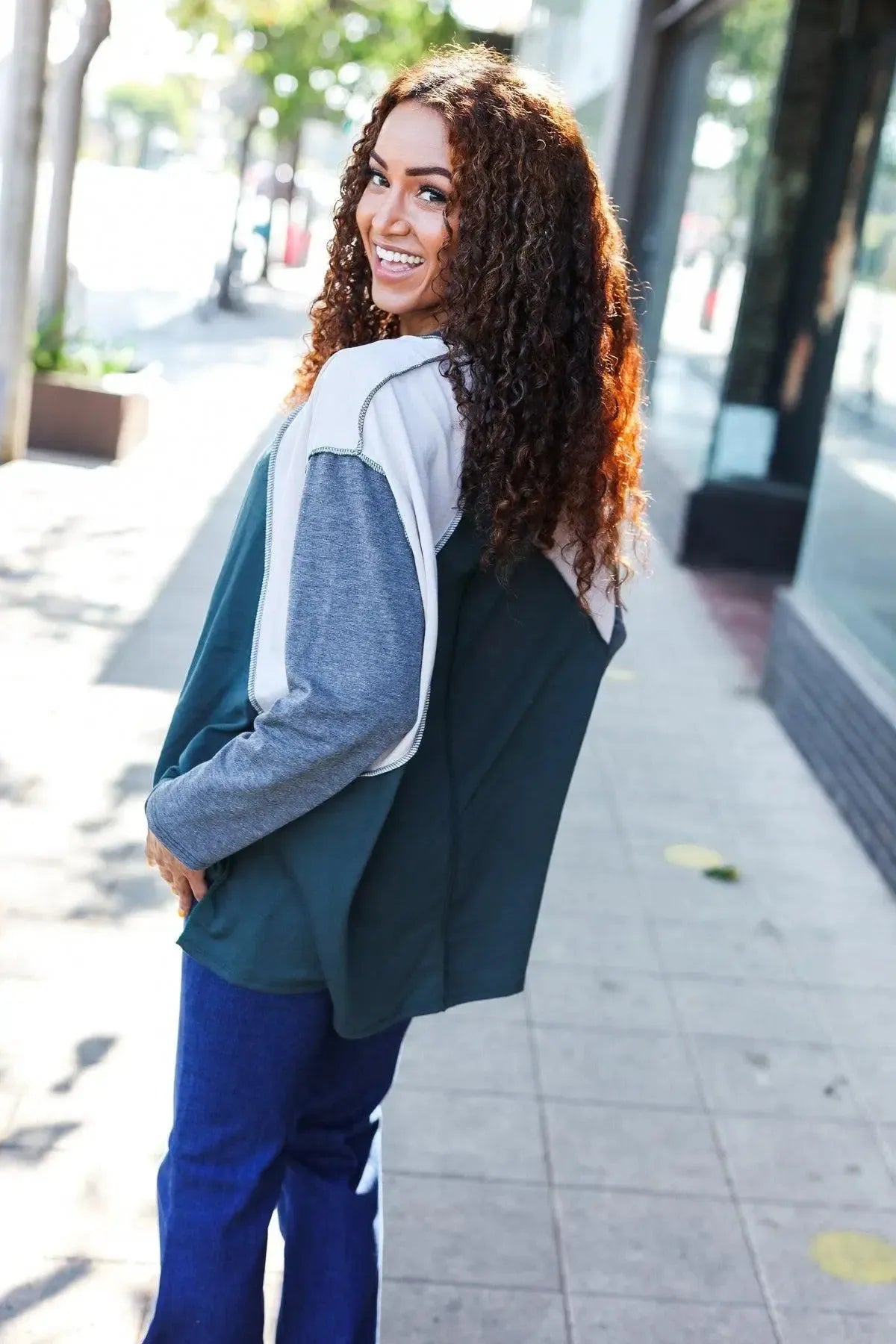 Stand Out Hunter Green V Neck Raglan Color Block Outseam Top-Evelyns Fashion