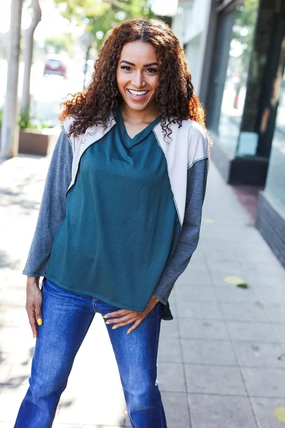 Stand Out Hunter Green V Neck Raglan Color Block Outseam Top-Evelyns Fashion