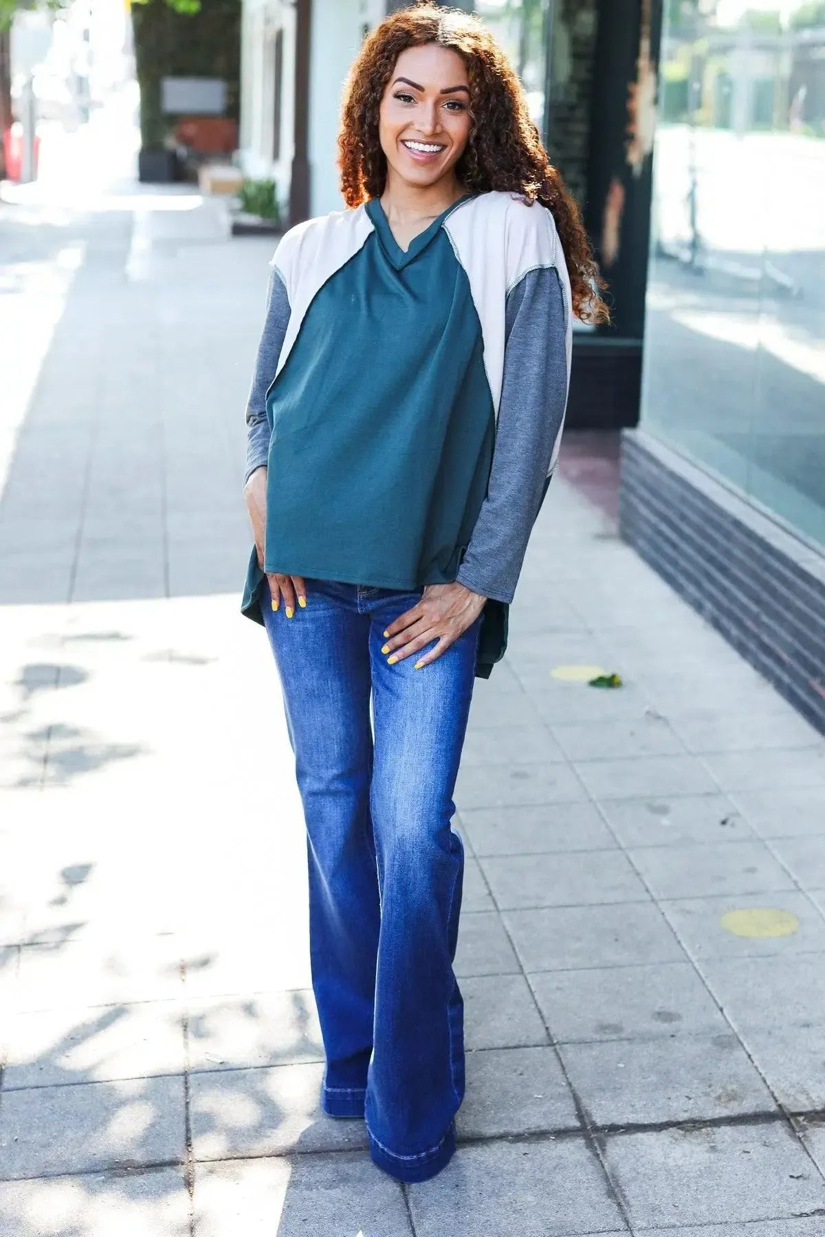 Stand Out Hunter Green V Neck Raglan Color Block Outseam Top-Evelyns Fashion