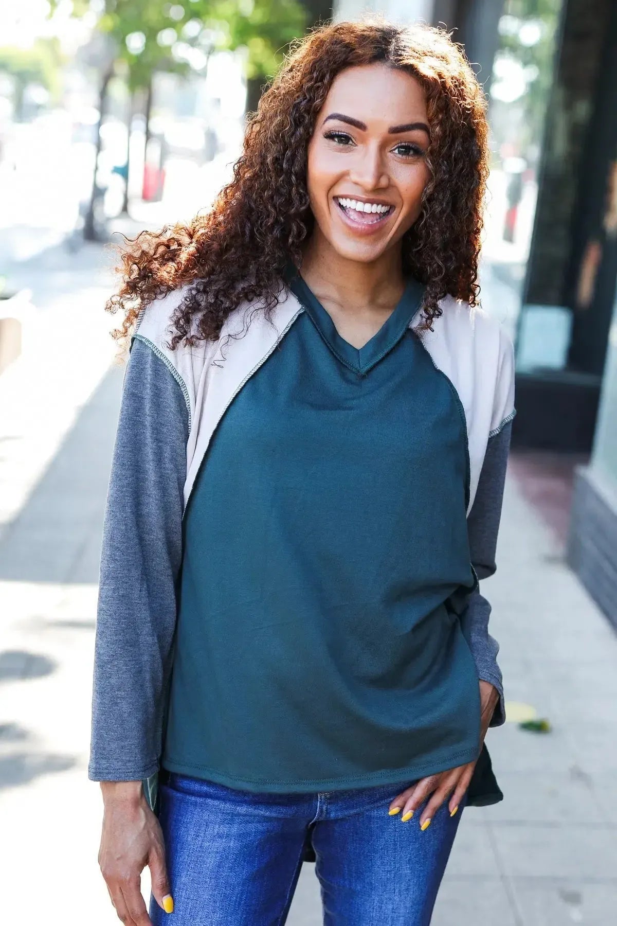 Stand Out Hunter Green V Neck Raglan Color Block Outseam Top-Evelyns Fashion