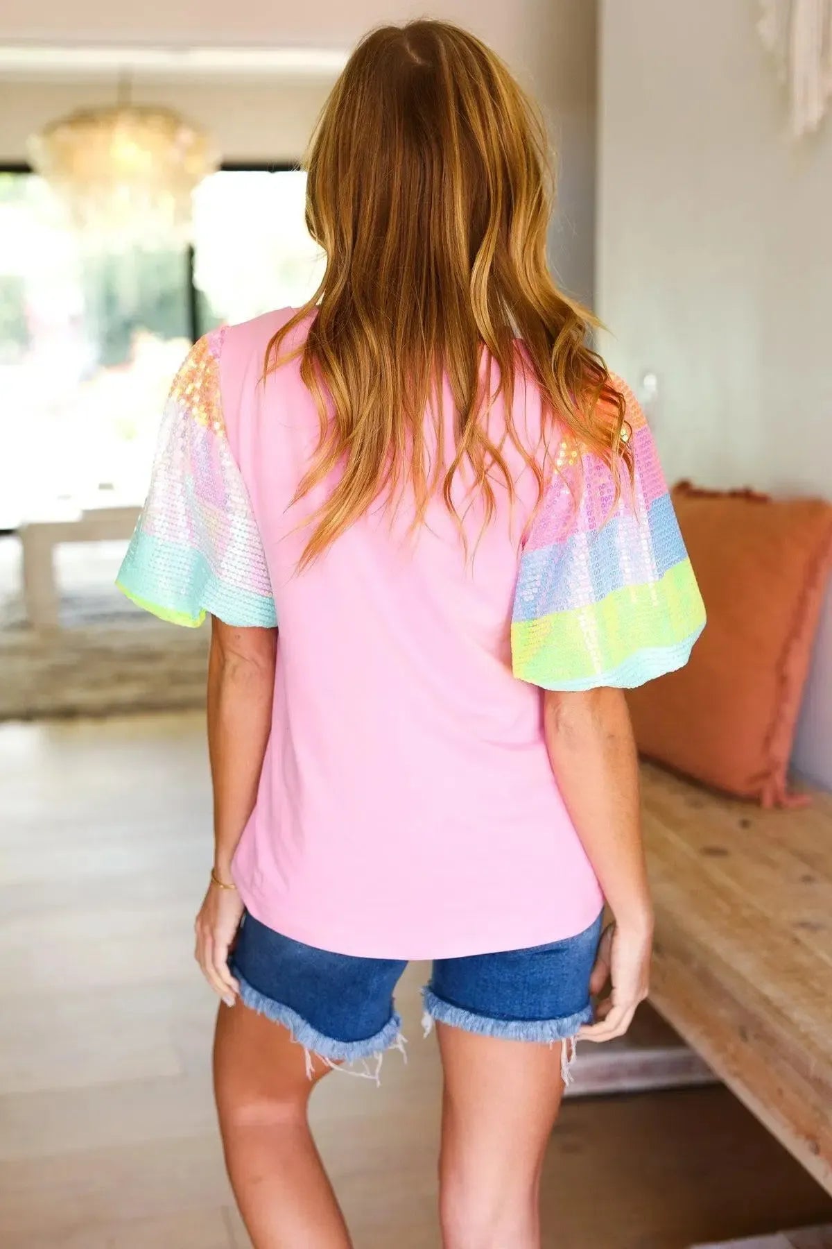 Stand Out Pink Rainbow Sequin Puff Sleeve Top-Evelyns Fashion