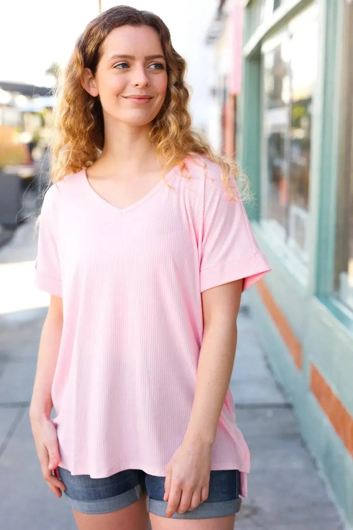 Stylish Pink Ribbed V Neck Top with Hi-Low Slit-Evelyns Fashion