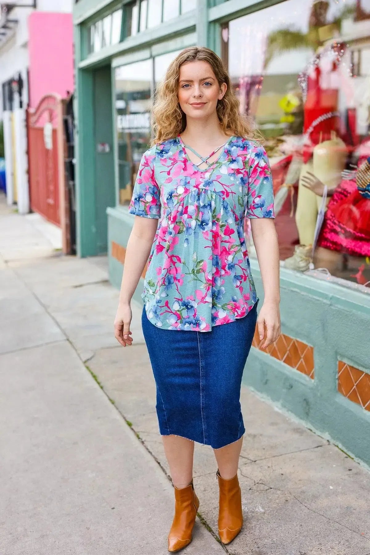 Sunny Days Light Teal Floral Criss Cross V Neck Babydoll Top-Evelyns Fashion