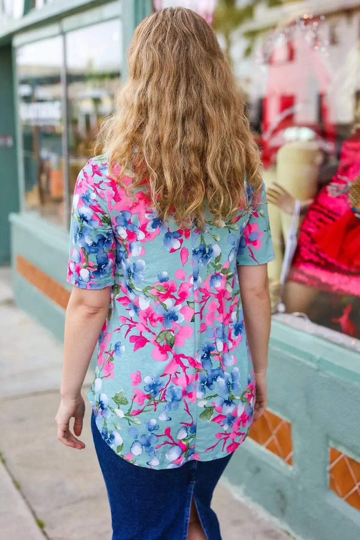 Sunny Days Light Teal Floral Criss Cross V Neck Babydoll Top-Evelyns Fashion