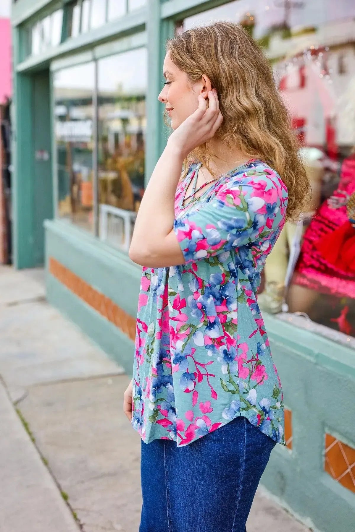 Sunny Days Light Teal Floral Criss Cross V Neck Babydoll Top-Evelyns Fashion