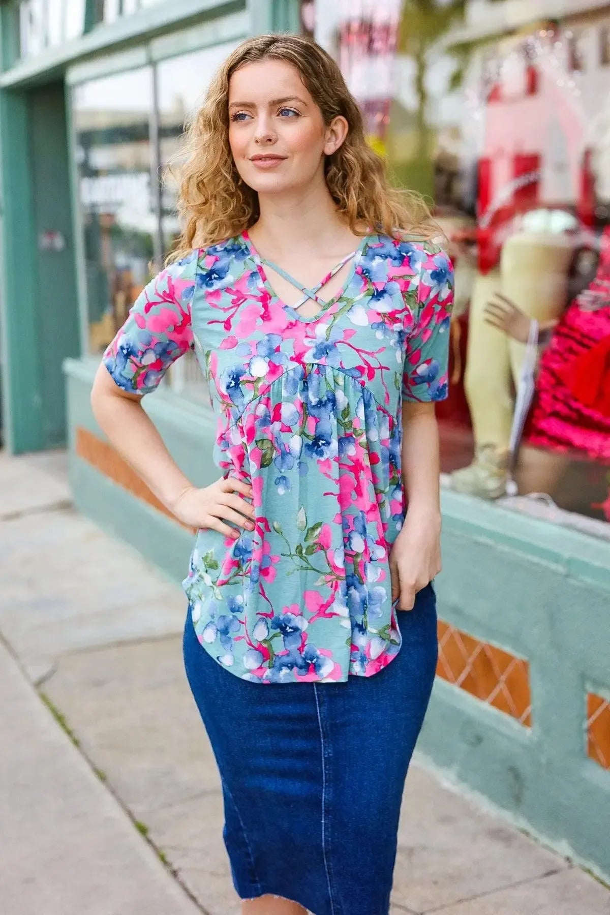 Sunny Days Light Teal Floral Criss Cross V Neck Babydoll Top-Evelyns Fashion