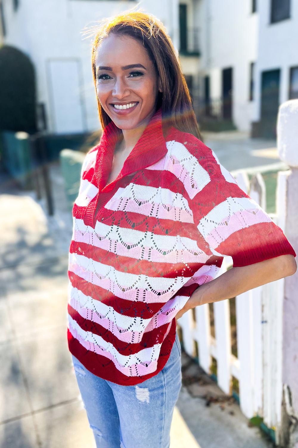 Sweetheart Ready Pointelle Collared Notch Neck Sweater-Evelyns Fashion