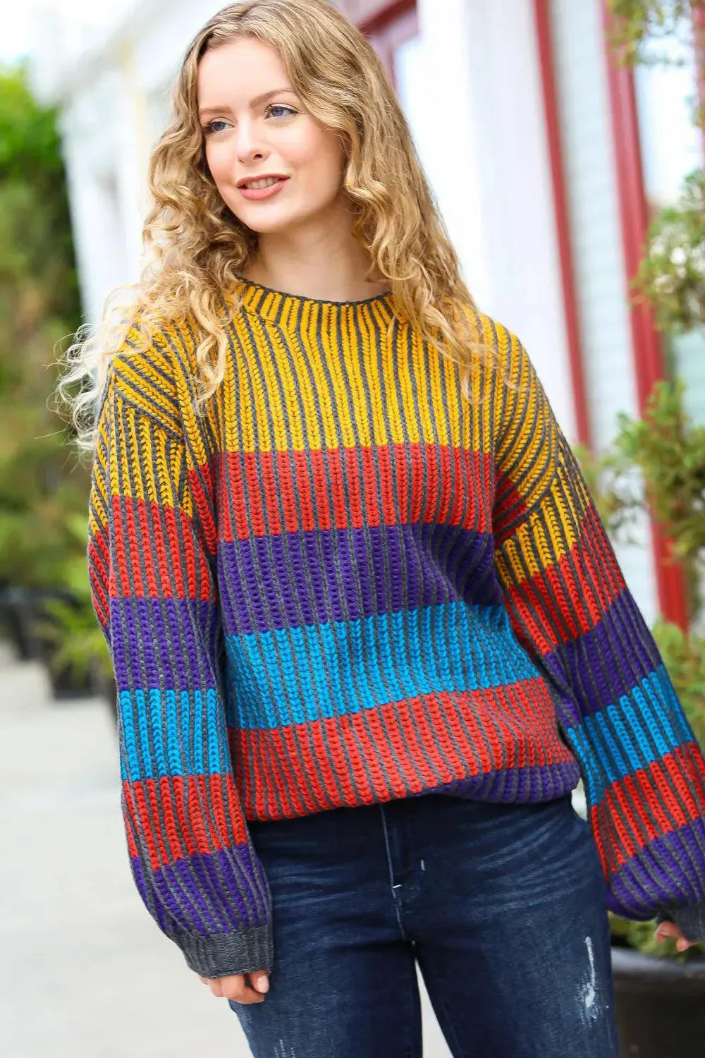 Take All of Me Mustard & Cerulean Stripe Oversized Sweater-Evelyns Fashion