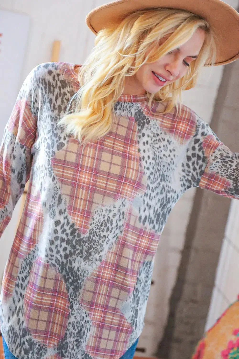 Taupe Leopard Plaid Rib Knit Round Neck Pullover-Evelyns Fashion