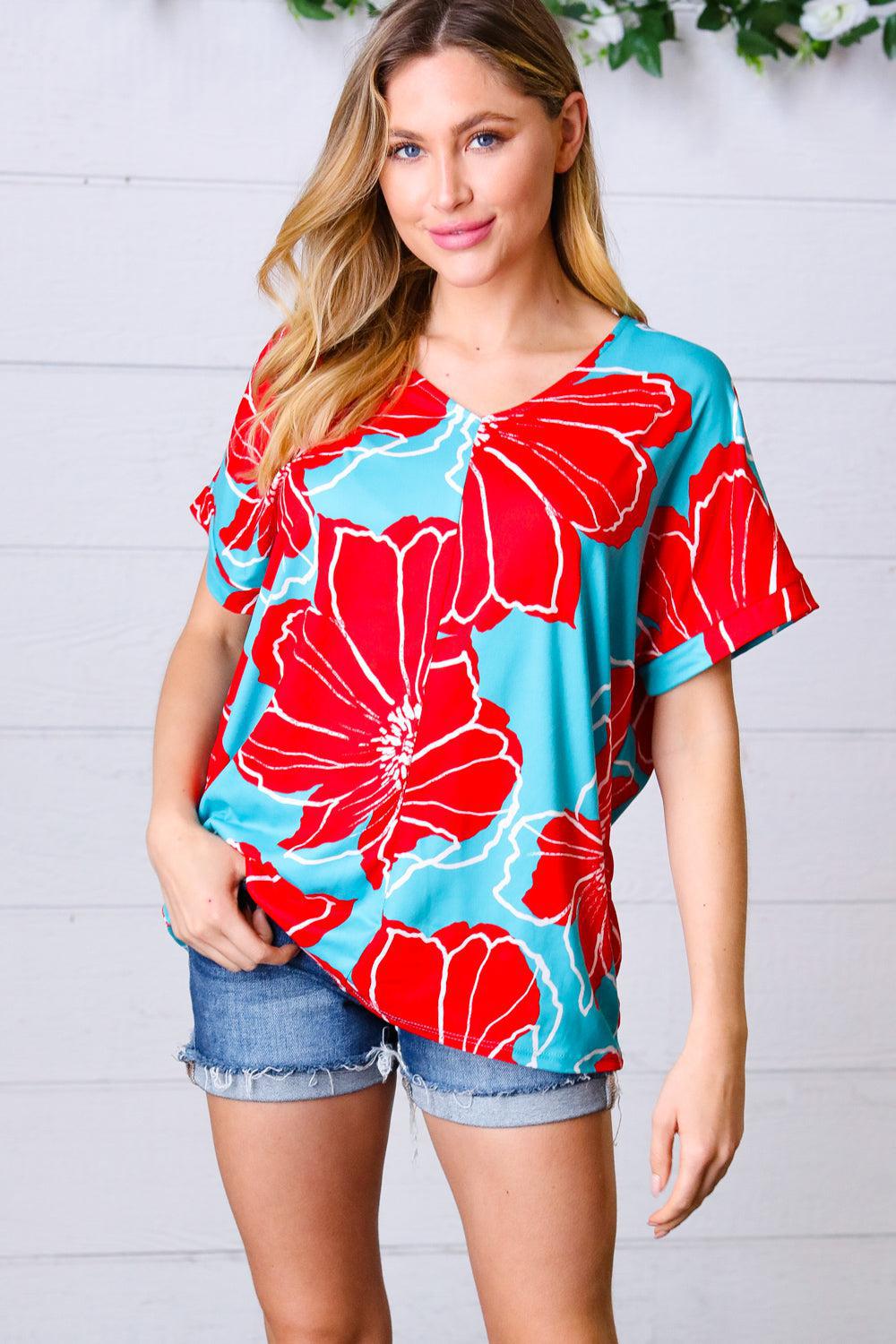 Teal & Cherry Red Floral Print V Neck Top-Evelyns Fashion