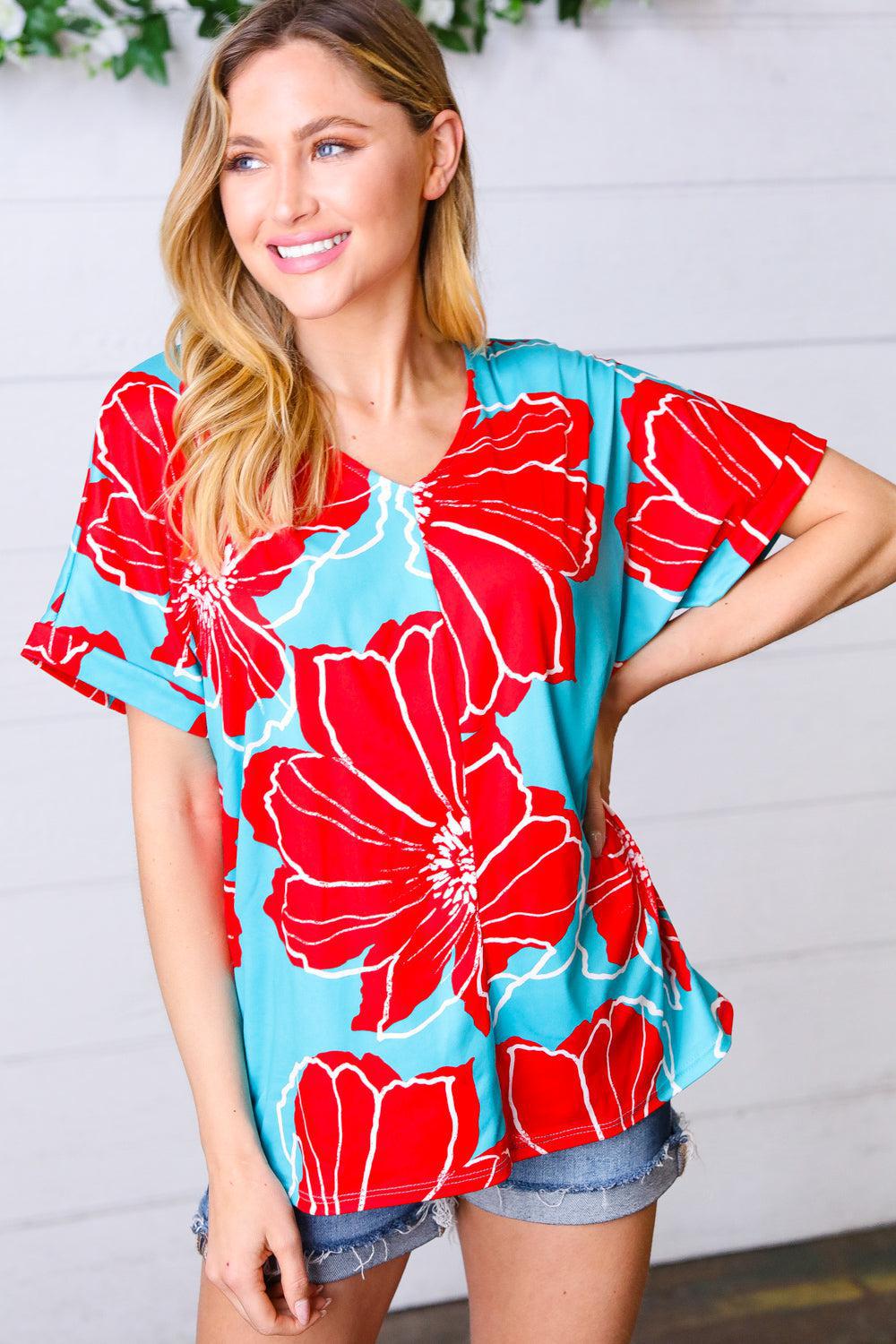 Teal & Cherry Red Floral Print V Neck Top-Evelyns Fashion