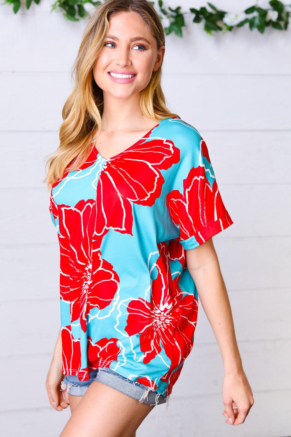 Teal & Cherry Red Floral Print V Neck Top-Evelyns Fashion