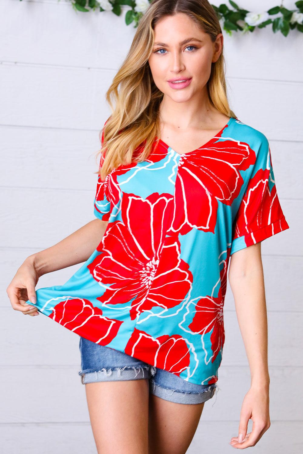Teal & Cherry Red Floral Print V Neck Top-Evelyns Fashion