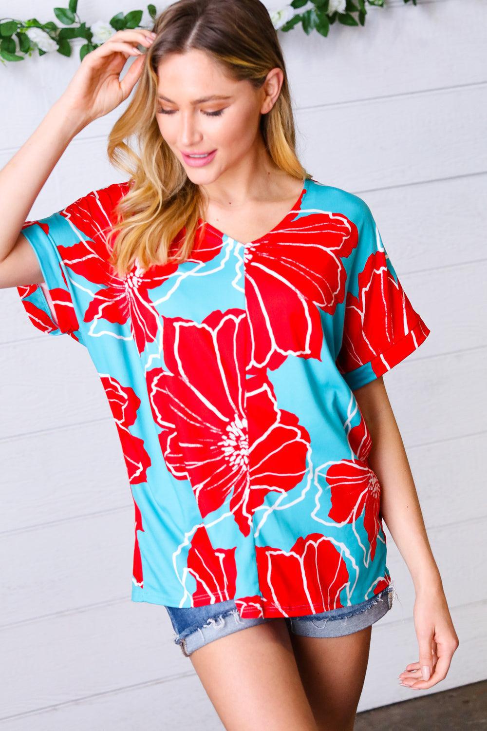 Teal & Cherry Red Floral Print V Neck Top-Evelyns Fashion