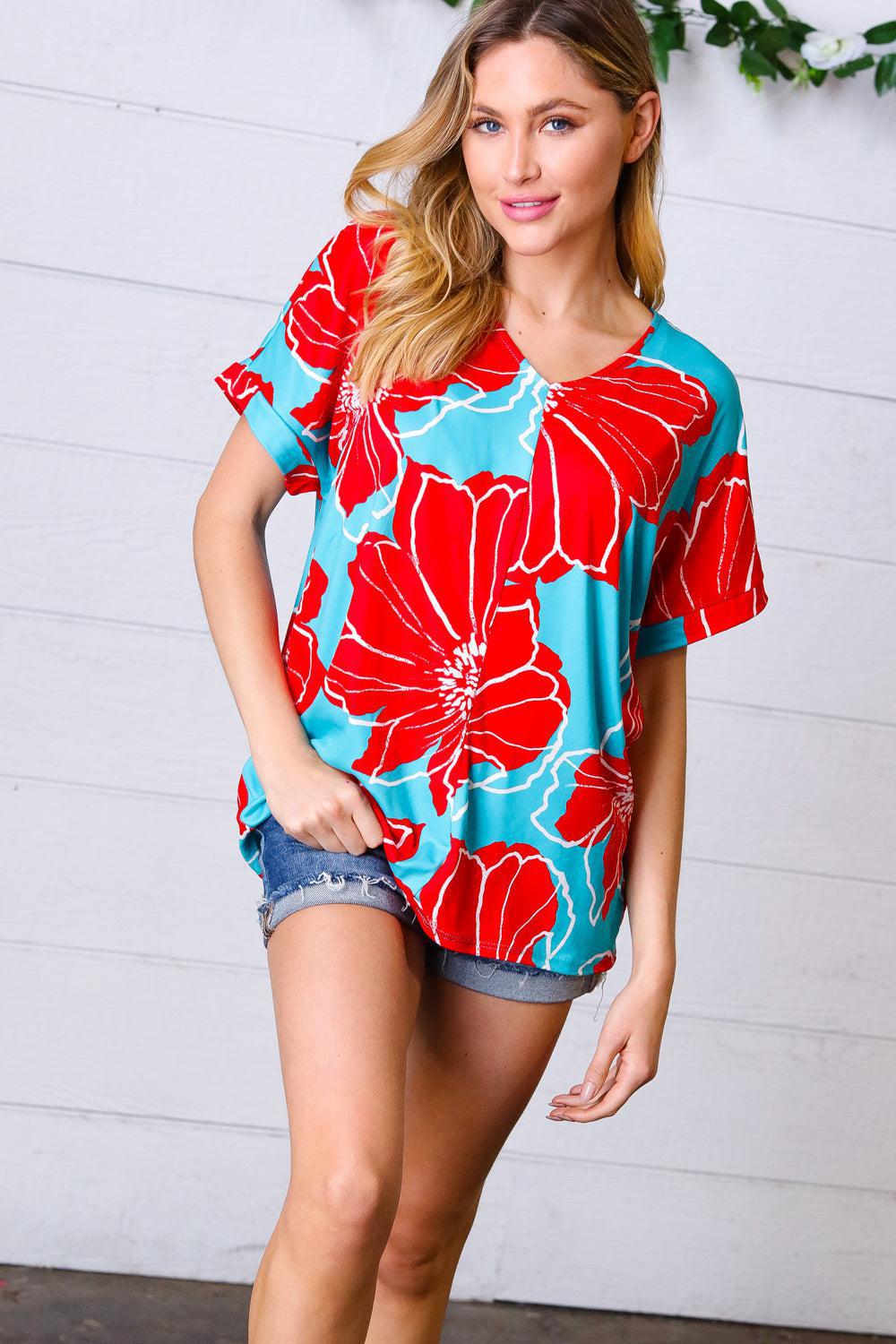 Teal & Cherry Red Floral Print V Neck Top-Evelyns Fashion