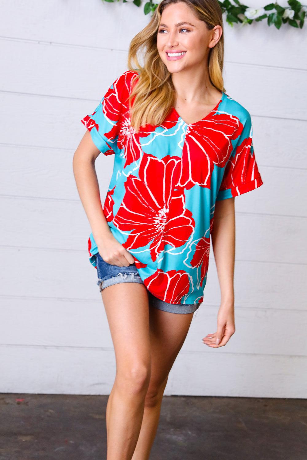 Teal & Cherry Red Floral Print V Neck Top-Evelyns Fashion
