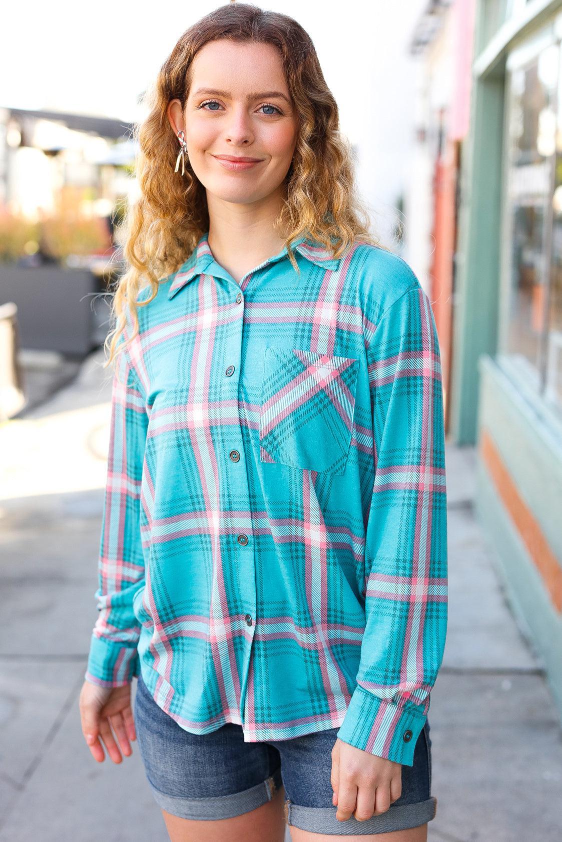 Teal & Pink Plaid Front Pocket Button Down Shacket-Evelyns Fashion