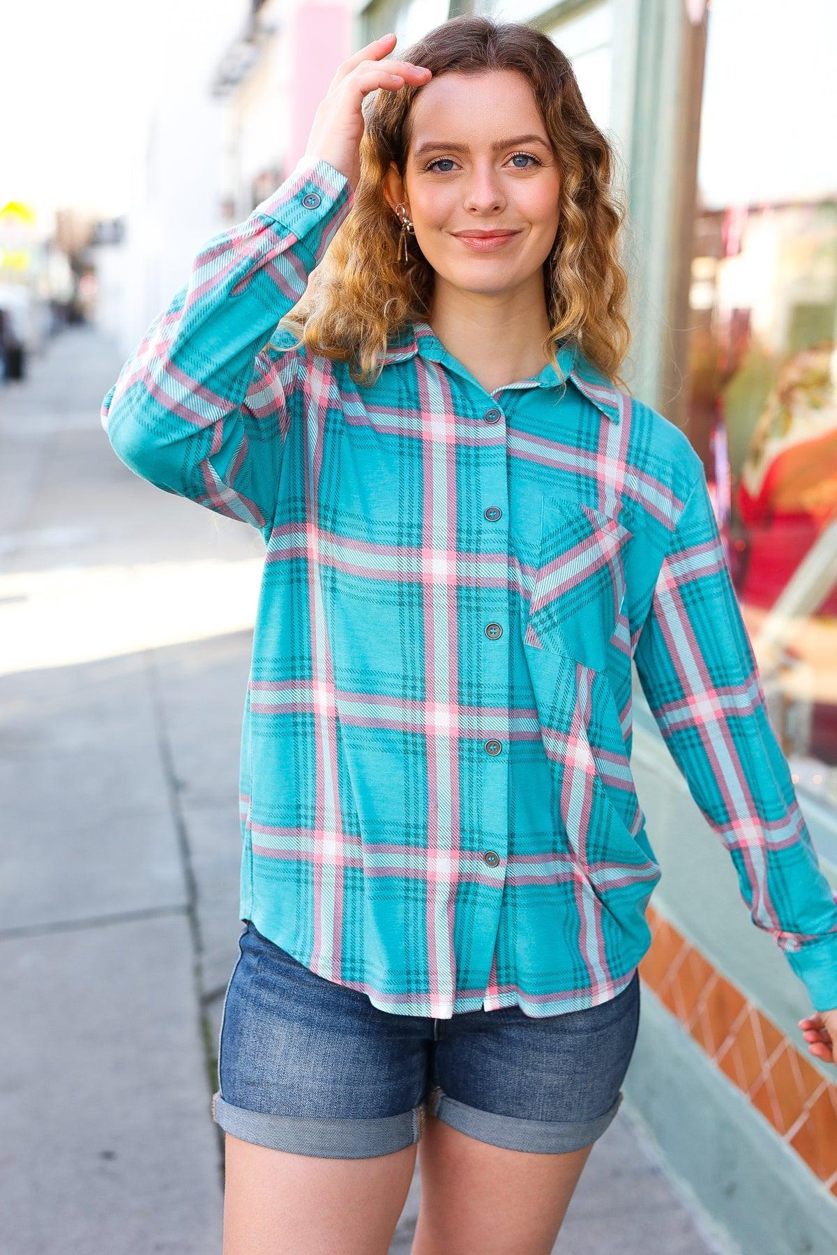 Teal & Pink Plaid Front Pocket Button Down Shacket-Evelyns Fashion