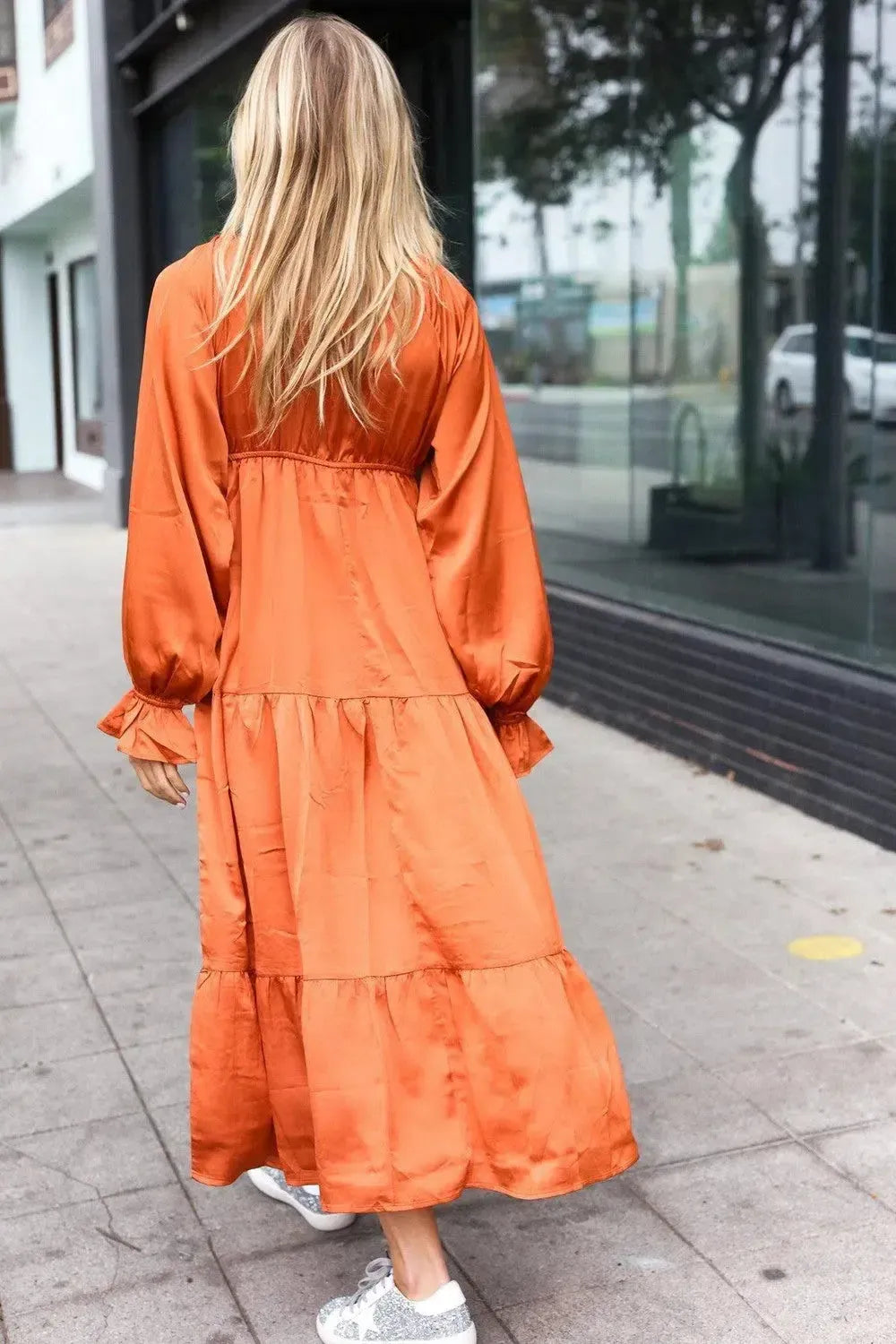 Timeless Elegance: Elastic V-Neck Maxi Dress in Rust-Evelyns Fashion