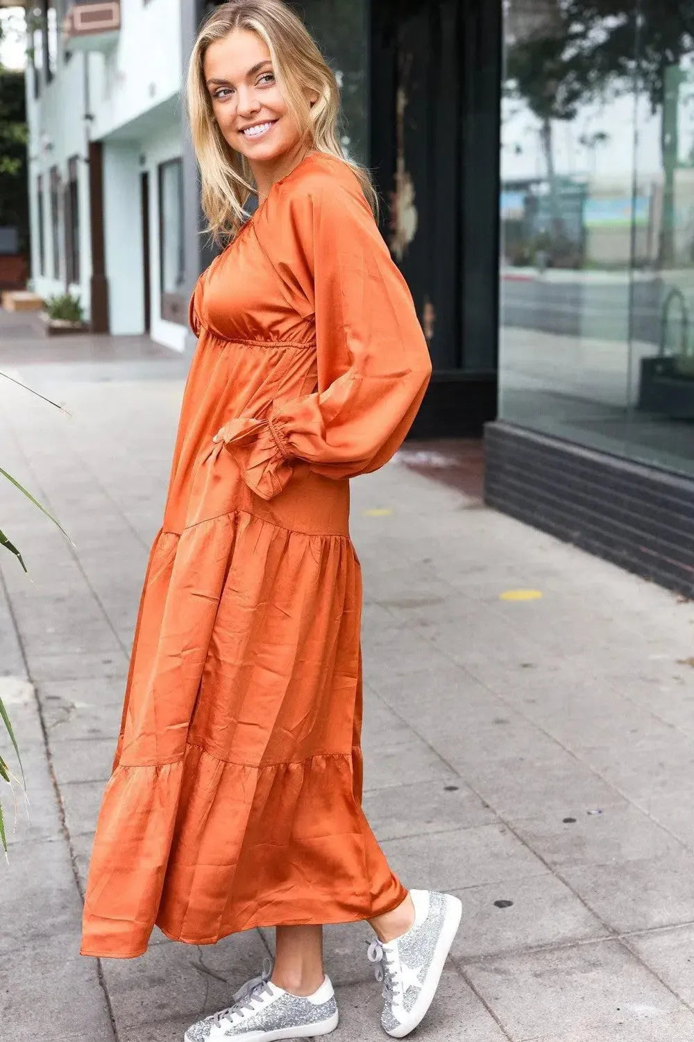 Timeless Elegance: Elastic V-Neck Maxi Dress in Rust-Evelyns Fashion